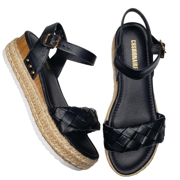 Cushionaire Shoes Cushionaire Mae Black Vegan Braided Open Toe Espadrille Wedge Sandals